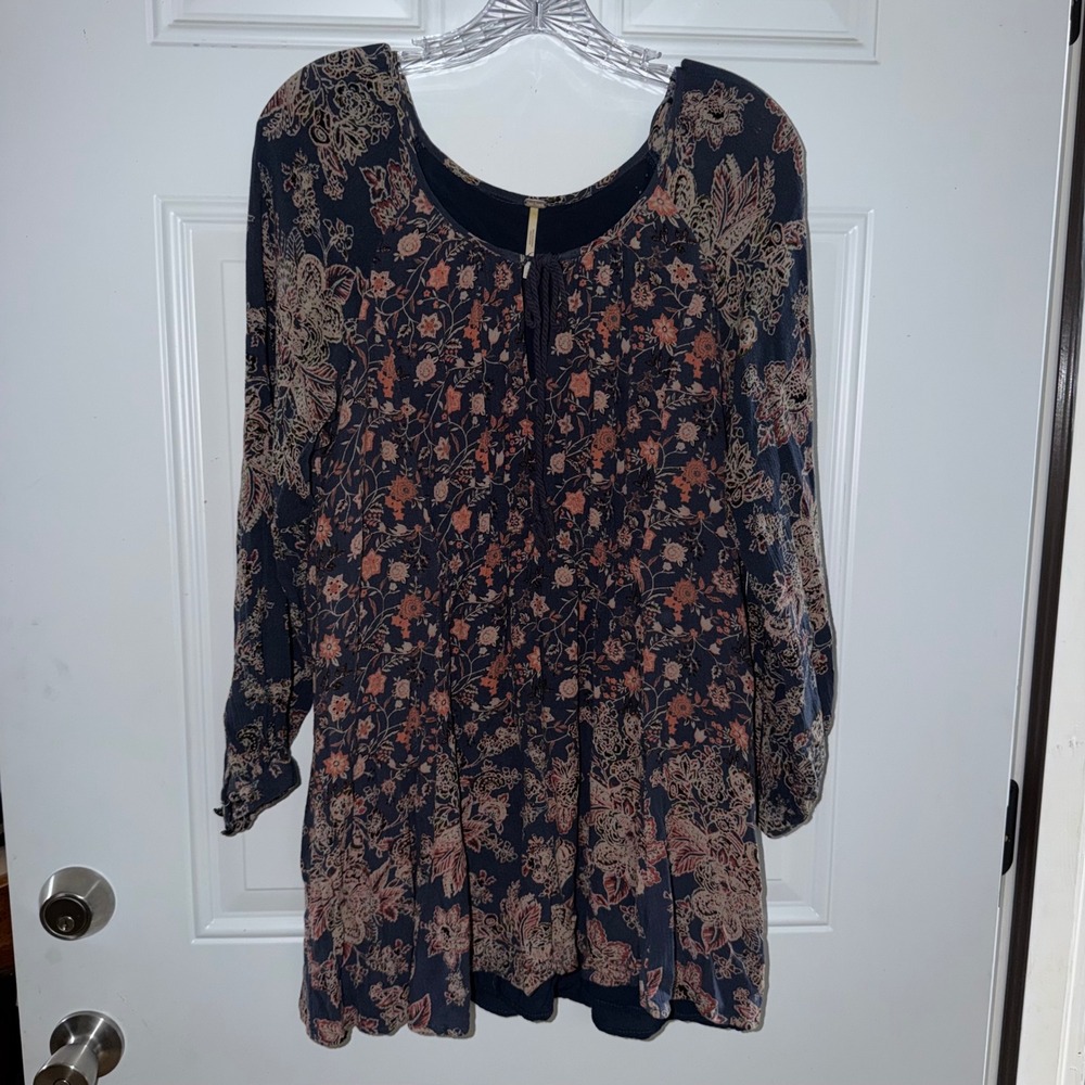 Free‎ People Boho Floral Paisley Mini Dress Navy Terracotta Pintuck Tassel Small